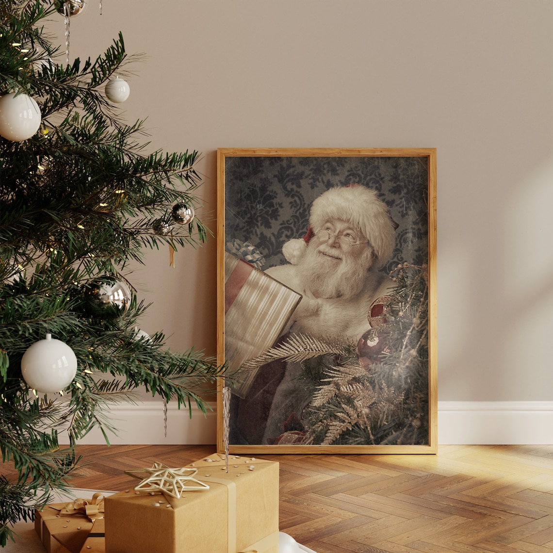 Vintage Santa Christmas Poster, Farmhouse Holiday Art