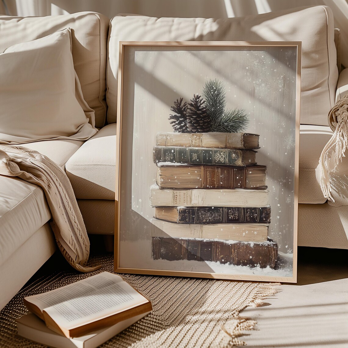 Christmas Book Stack Vintage Holiday Art Print