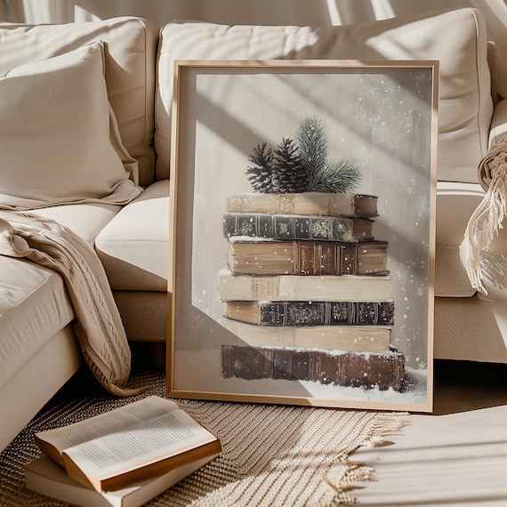 Christmas Book Stack Vintage Holiday Art Print
