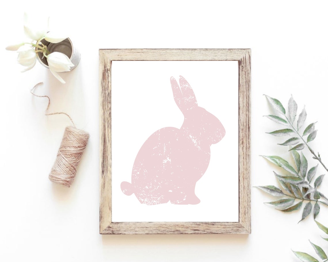 Soft Pink Bunny Silhouette Distressed White Framed Easter Art Poster - Image 5