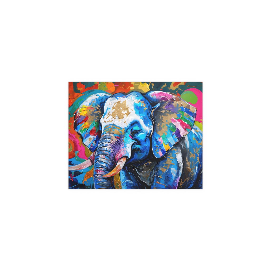 Majestic Colorful Elephant Close Up in Vivid Oil Painting Poster