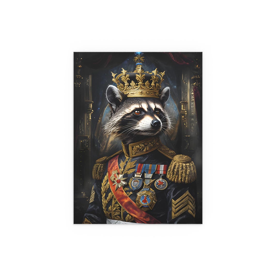 Regal Raccoon King in Crown and Decorated Royal Uniform Poster