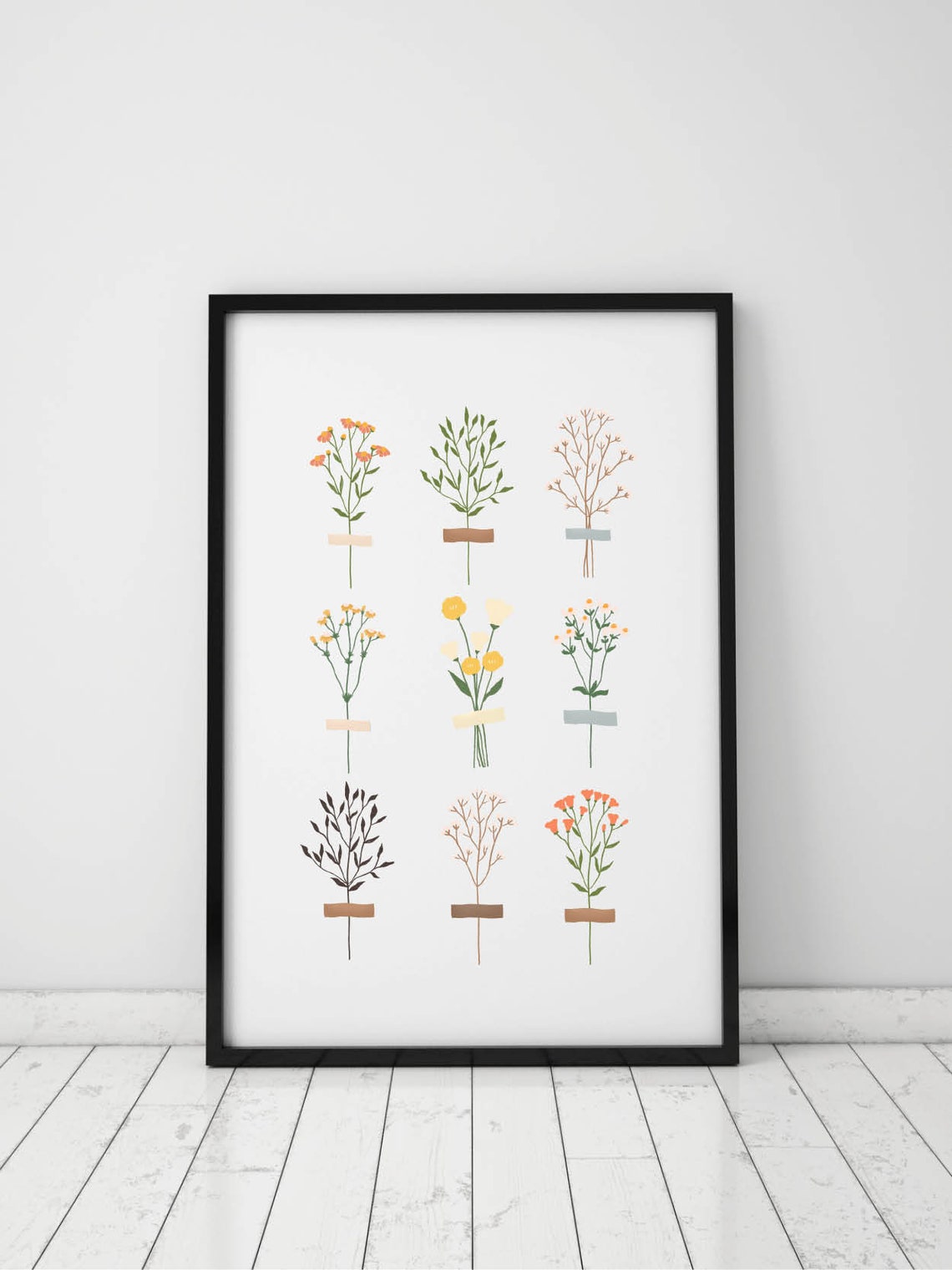 Nine Wildflower Botanical Sprigs Minimalist Boho Style Art Poster