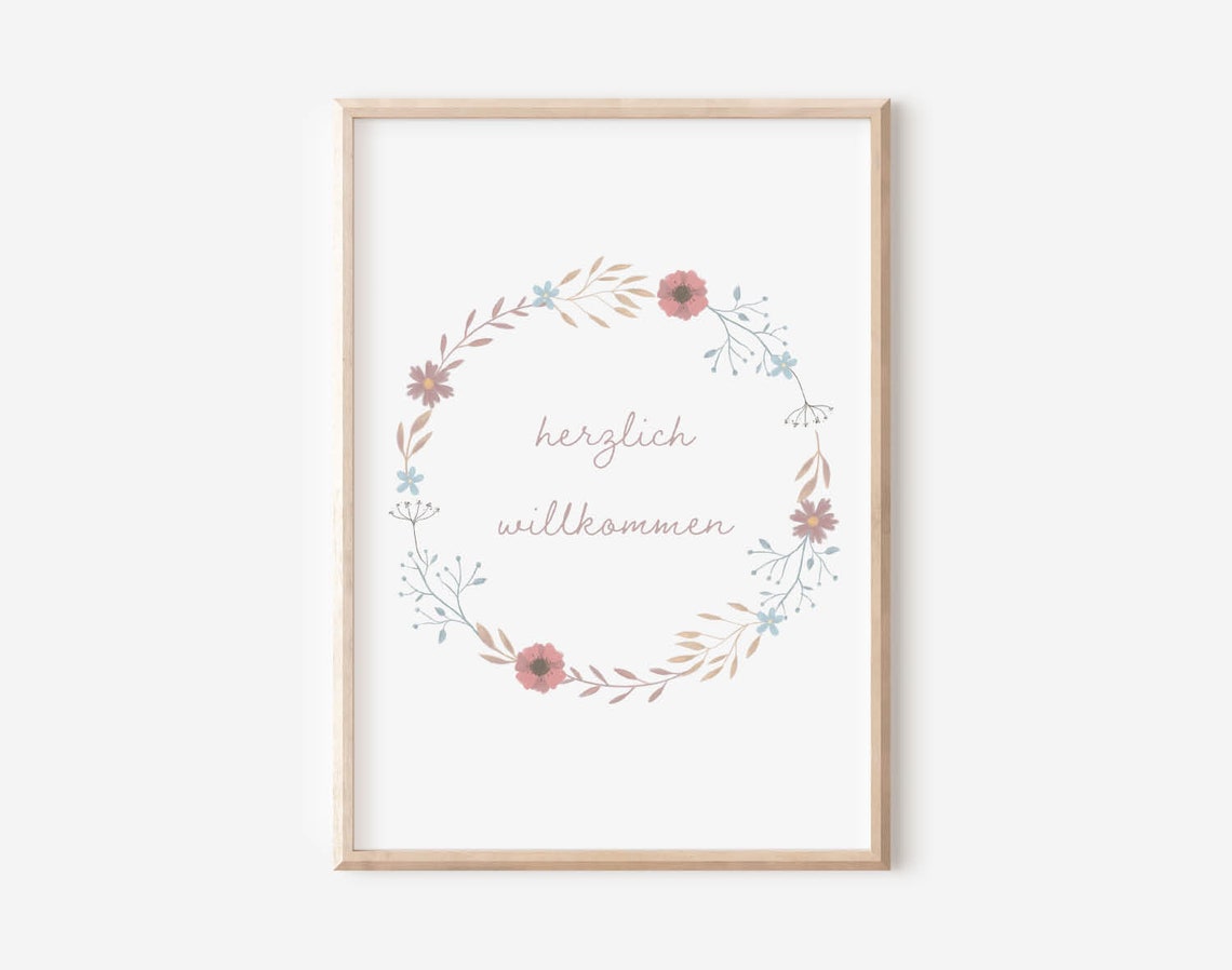 Herzlich Willkommen Floral Wreath German Welcome Sign Poster