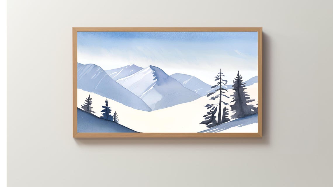Snowy Blue Mountain Pines Watercolor Winter Landscape Poster - Image 3