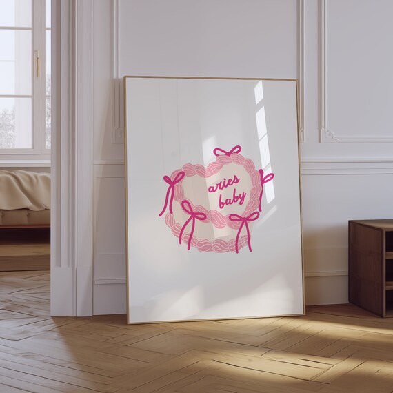 Aries Baby Heart Cake Zodiac Poster Pink Preppy Girly Birthday Art