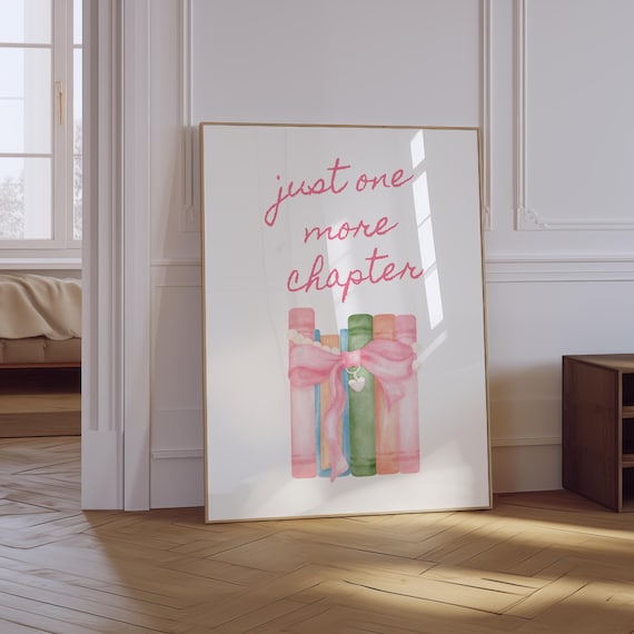 Just One More Chapter Pink Watercolor Books and Bow Book Lover Wall Art