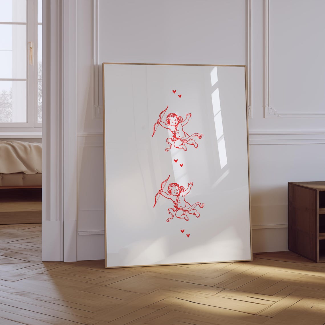 Vintage Red Cherub Angels Bow And Arrow Line Art Trendy Romance Poster