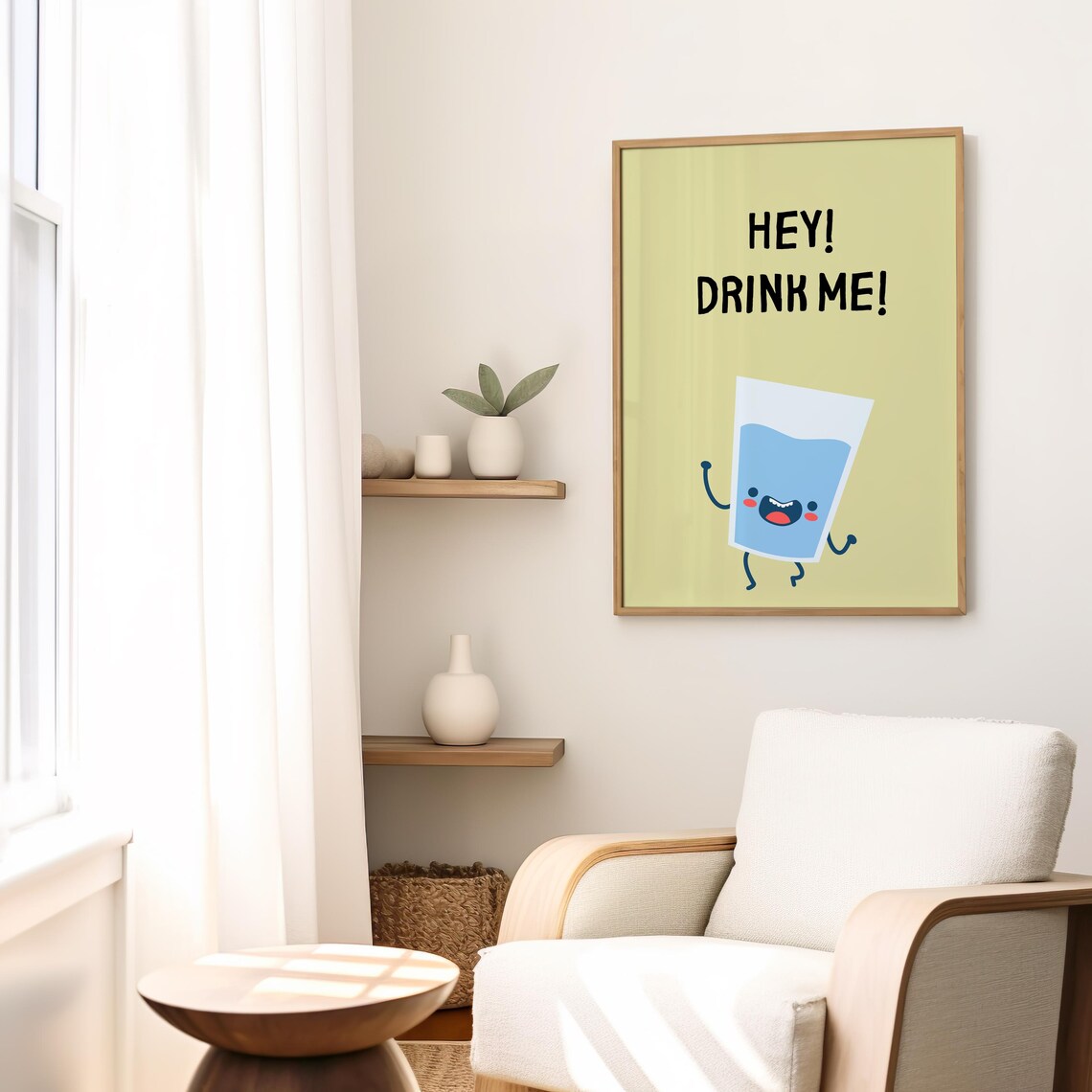 Hey Drink Me Cute Water Glass Character Kids Room Reminder Poster - Image 2