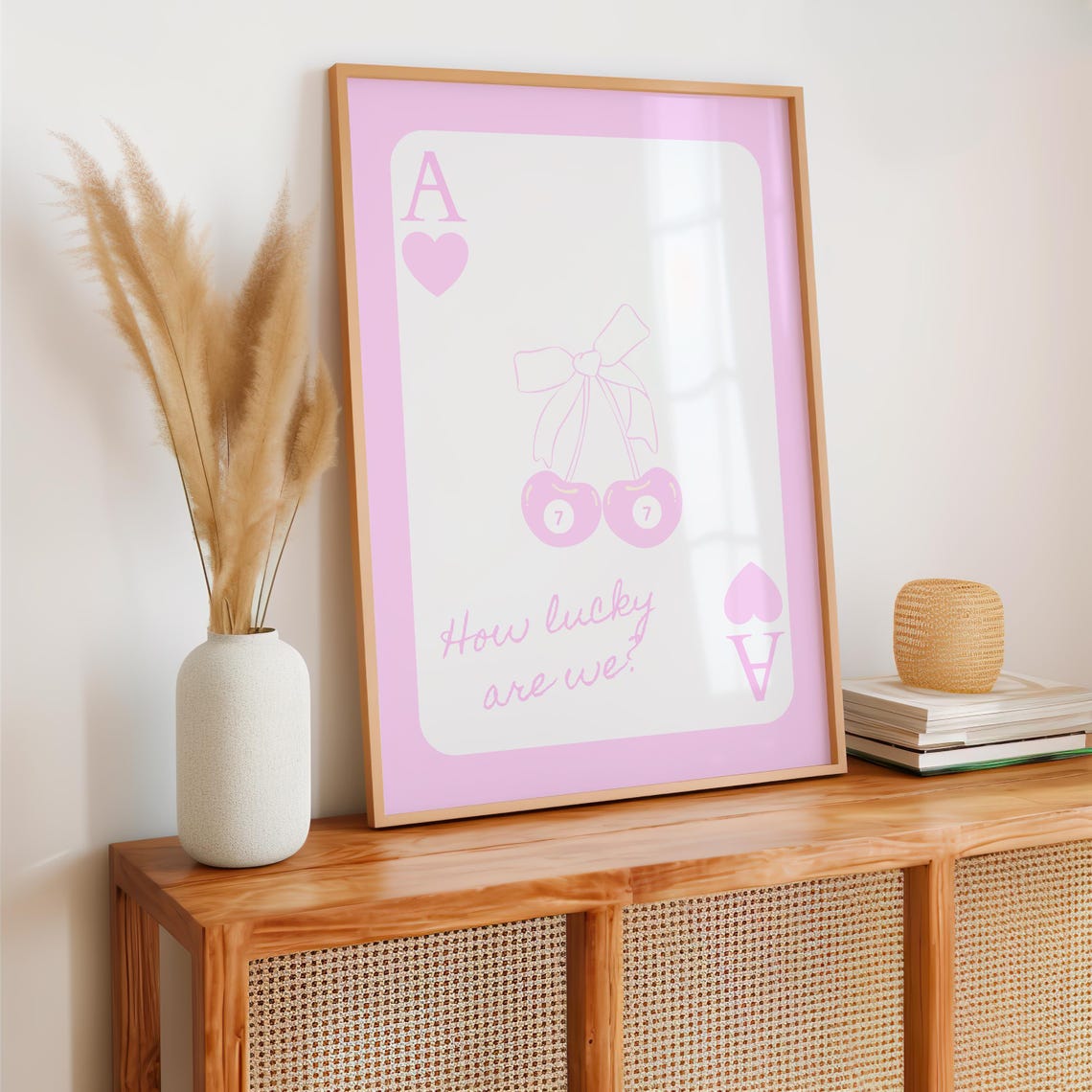 Pink How Lucky Are We Ace of Hearts Cherries Girly Art Poster - Image 2