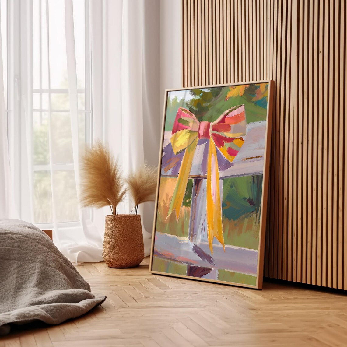 Painterly Autumn Bow On White Fence Impressionist Fall Ribbon Art Poster - Image 2
