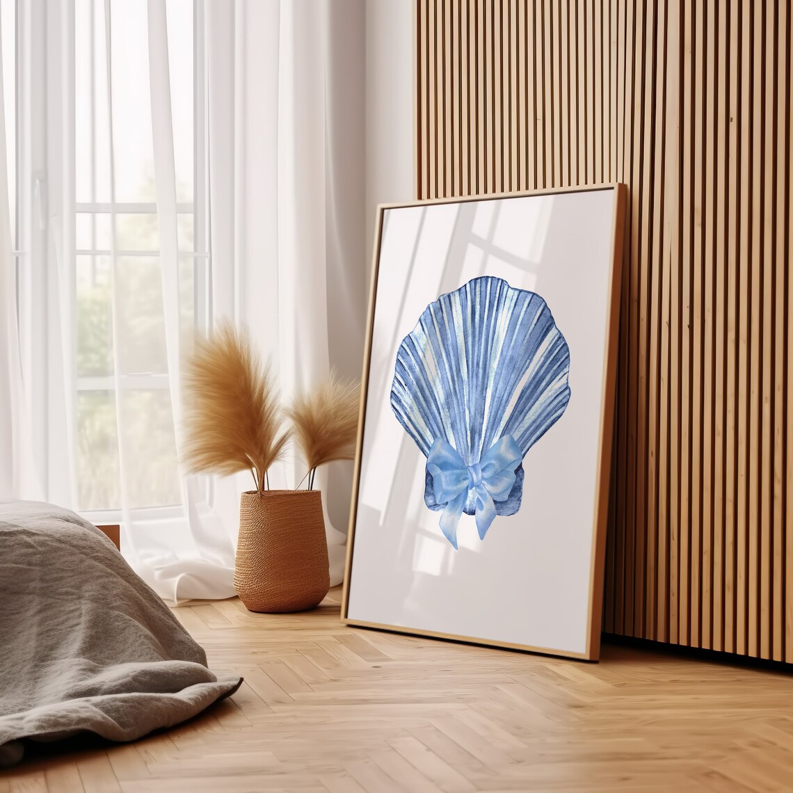 Blue Watercolor Scallop Seashell Bow Coastal Beach House Art Poster - Image 3