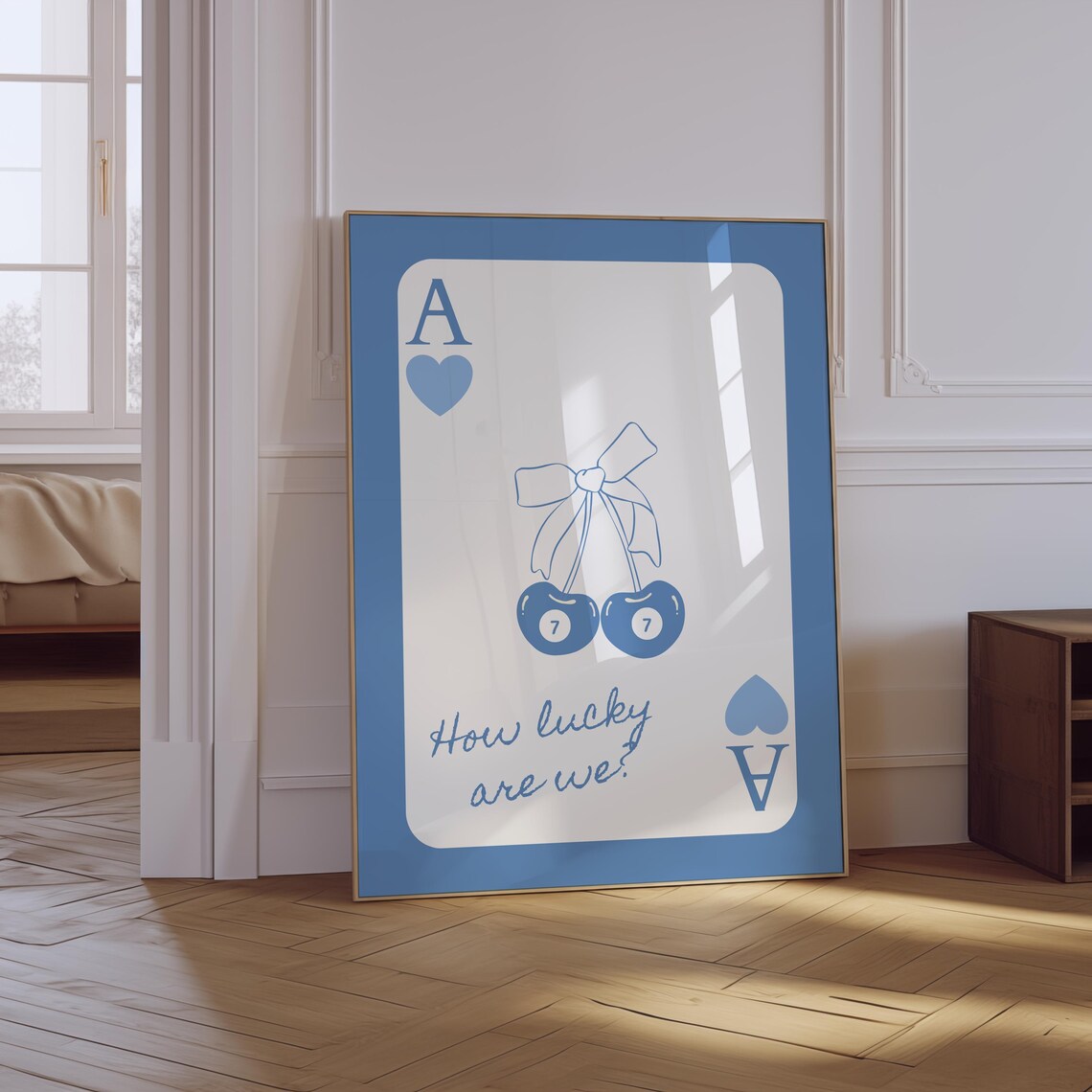 Blue How Lucky Are We Ace of Hearts Cherries Girly Art Poster
