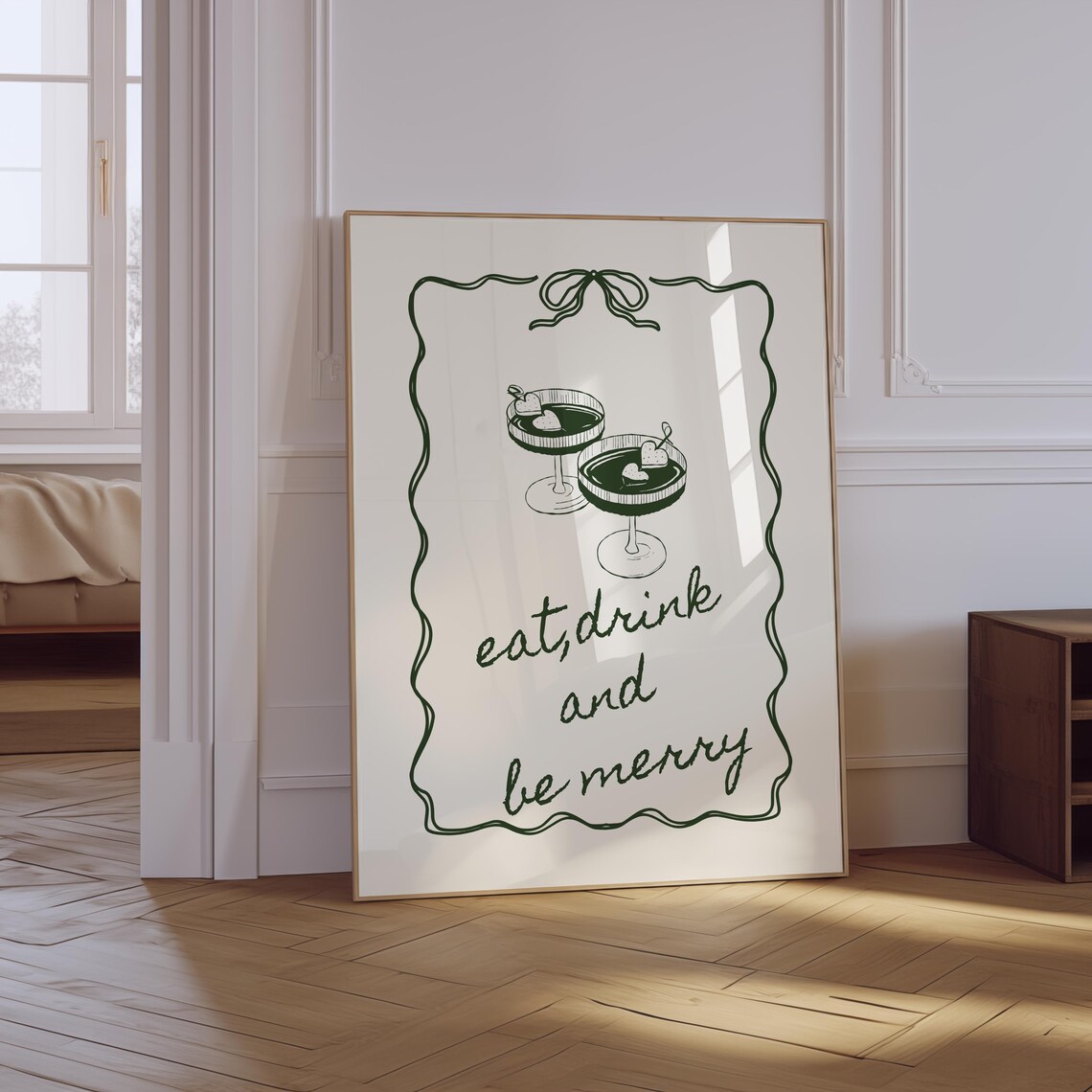Holiday Bar Cart Print, Trendy Cocktail Wall Art