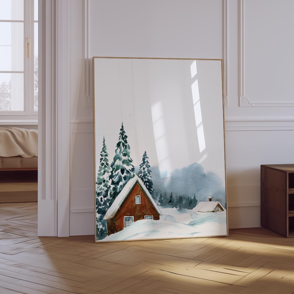 Red Cabin in Snow Watercolor Poster Winter Forest Mountain Landscape