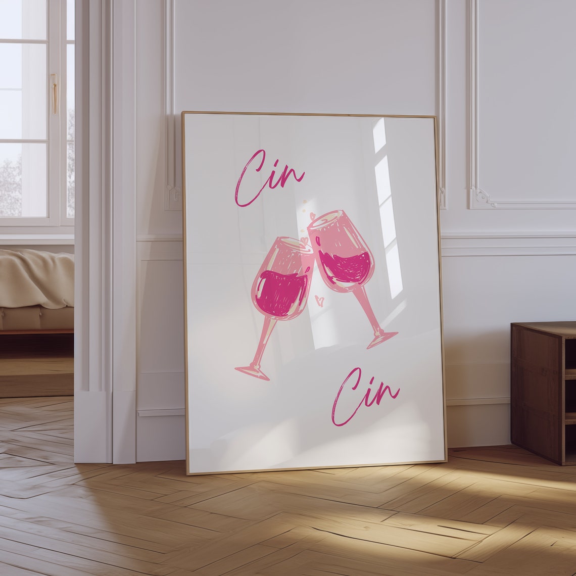 Cin Cin Pink Wine Glasses Toast Elegant Bar Cart Decor Art Poster