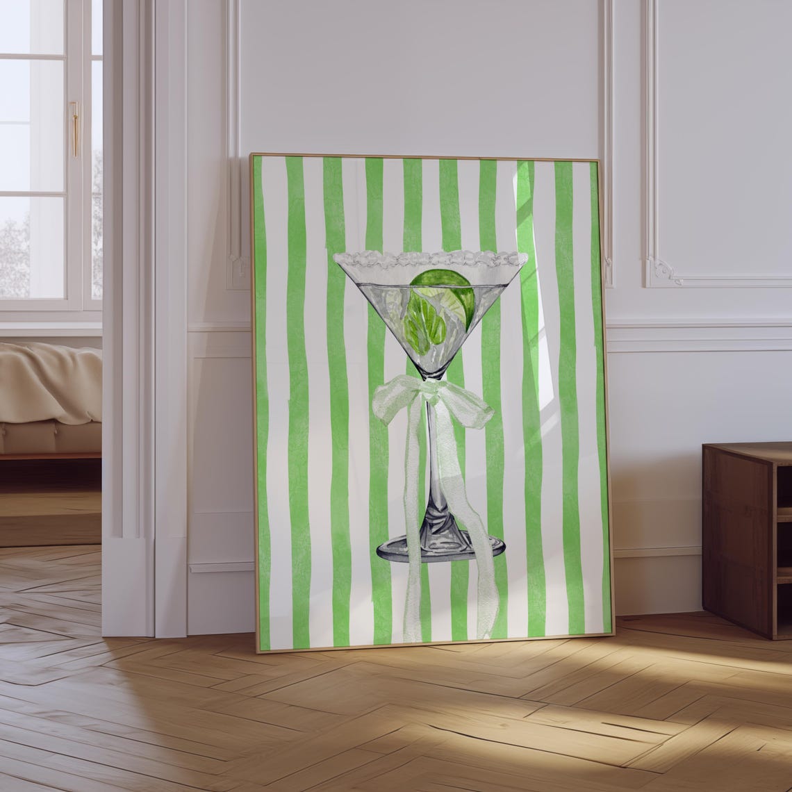 Lime Martini Glass Ribbon Bow Green Stripe Coquette Bar Cart Poster
