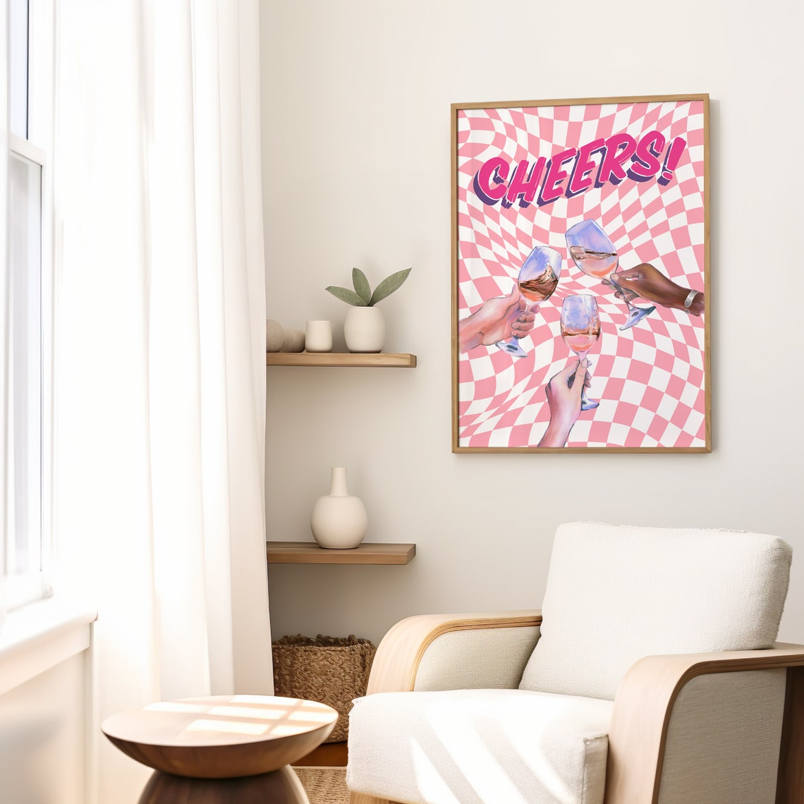 Cheers Rosé Wine Toast Retro Pink Wavy Checkerboard Party Poster - Image 2