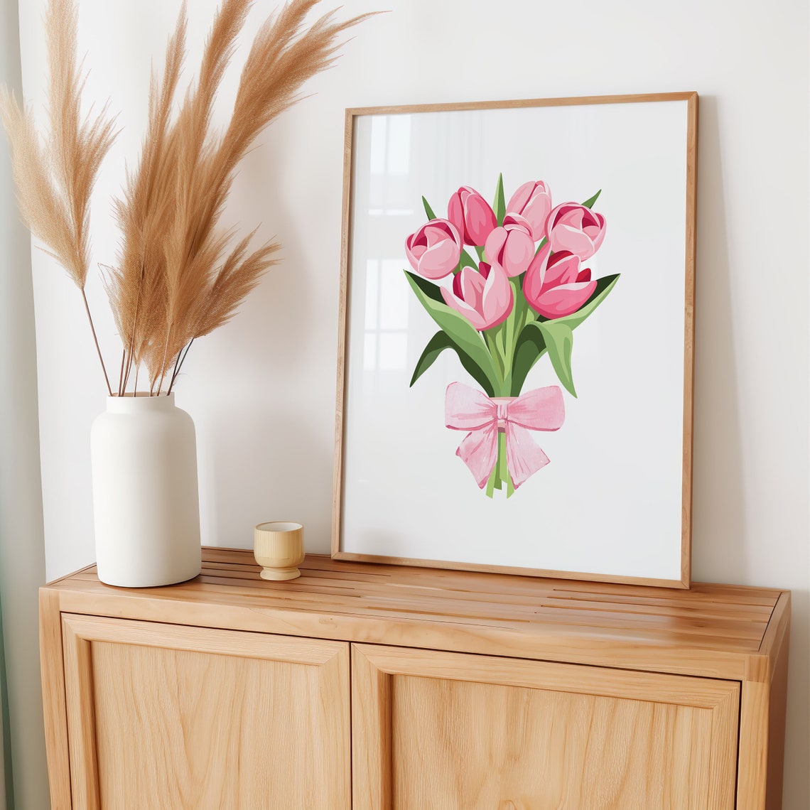 Pink Tulip Bouquet Tied With Bow Coquette Floral Bedroom Wall Art - Image 4