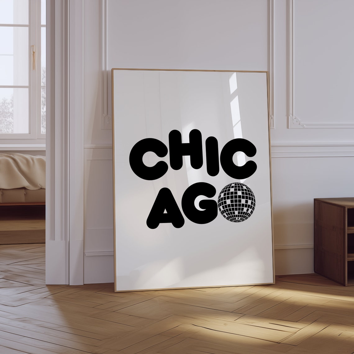 Chicago Disco Ball Black Bold Lettering Retro Travel City Poster