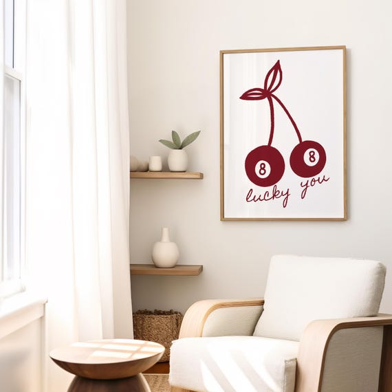 Lucky You 8 Ball Poster Retro Trendy Aesthetic Print Vintage Pool Ball Print 8 Ball Cherry Print Preppy Red Poster Bar Cart Print