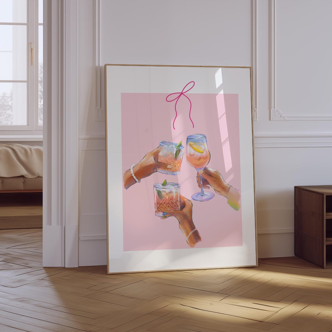 Cocktail Toast Pink Watercolor Hands Clinking Girly Bar Cart Poster