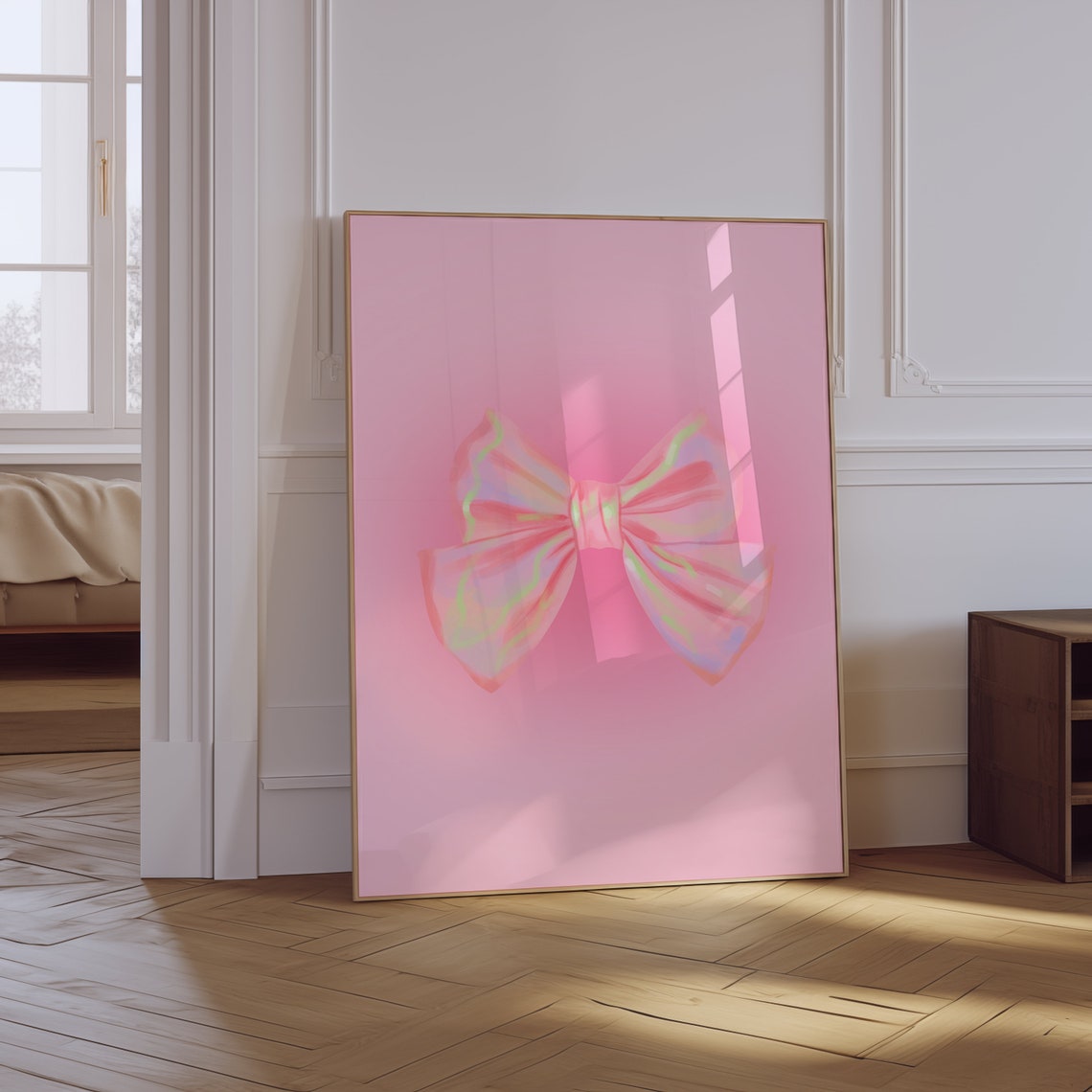 Iridescent Pink Bow Minimalist Watercolor Trendy Coquette Art Poster