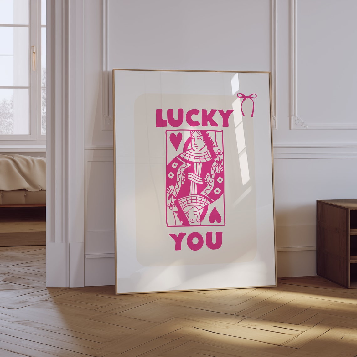 Lucky You Pink Queen Of Hearts Playing Card Retro Trendy Wall Art