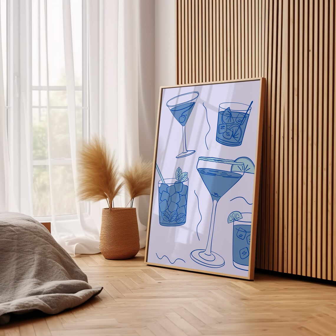 Blue Cocktail Glasses Line Art Martini Mojito Coastal Bar Decor Poster - Image 3