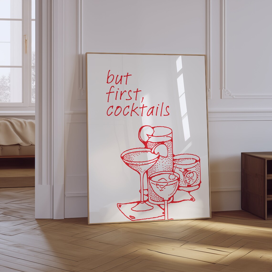 But First Cocktails Red Line Art Cocktail Glasses Bar Cart Art Poster