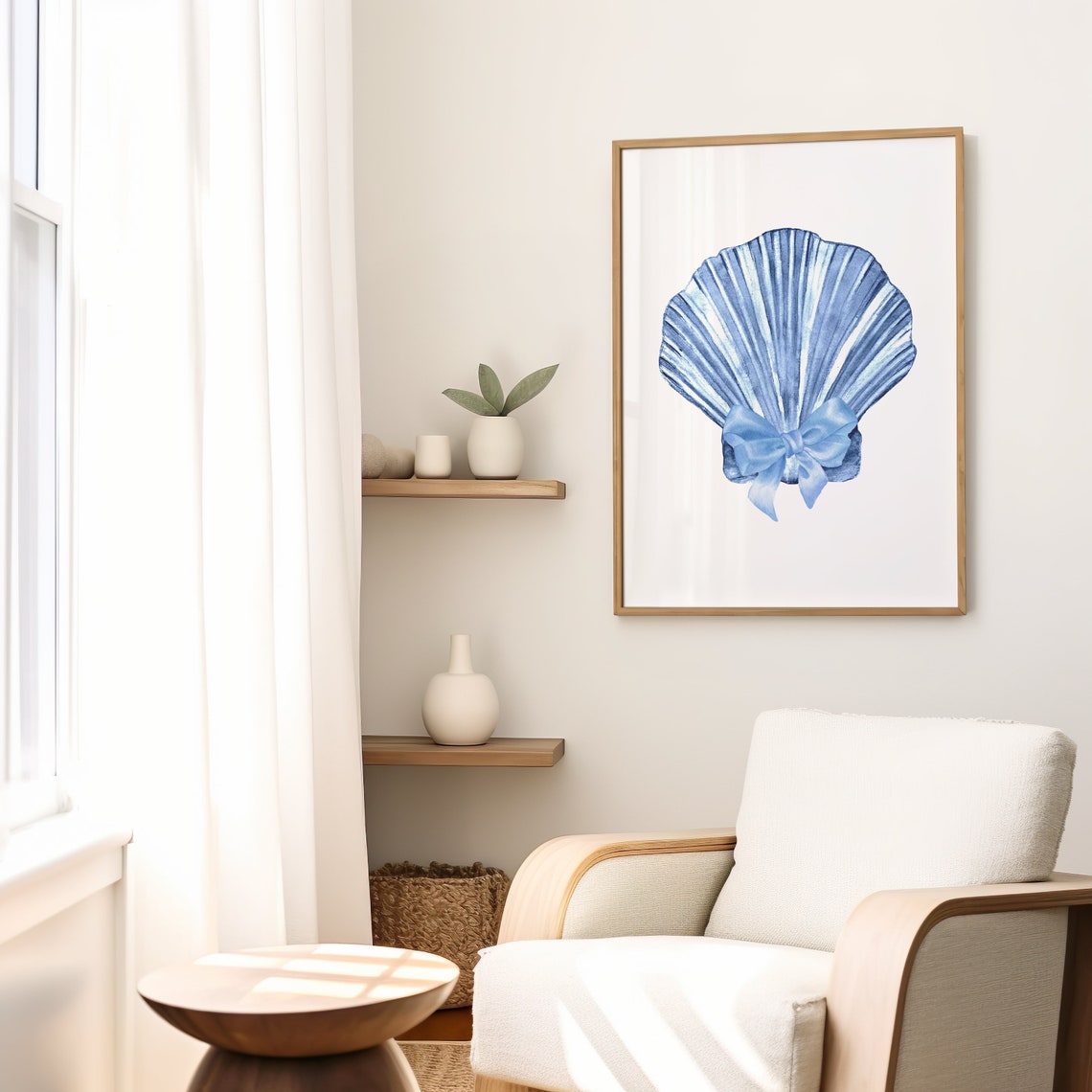 Blue Watercolor Scallop Seashell Bow Coastal Beach House Art Poster - Image 2