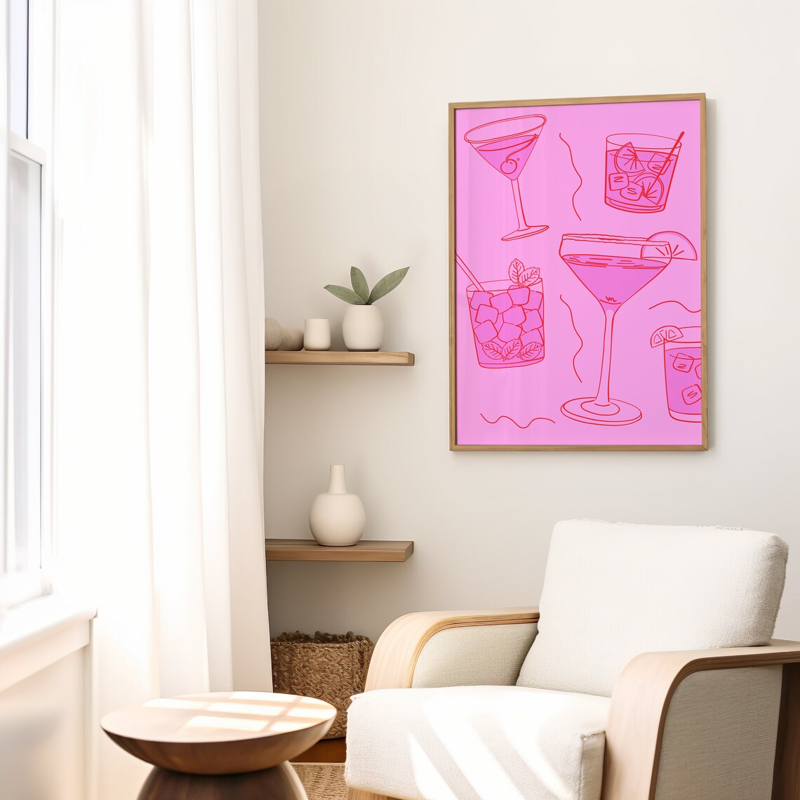 Pink Cocktail Line Art Martini Mojito Glasses Trendy Bar Cart Print - Image 2