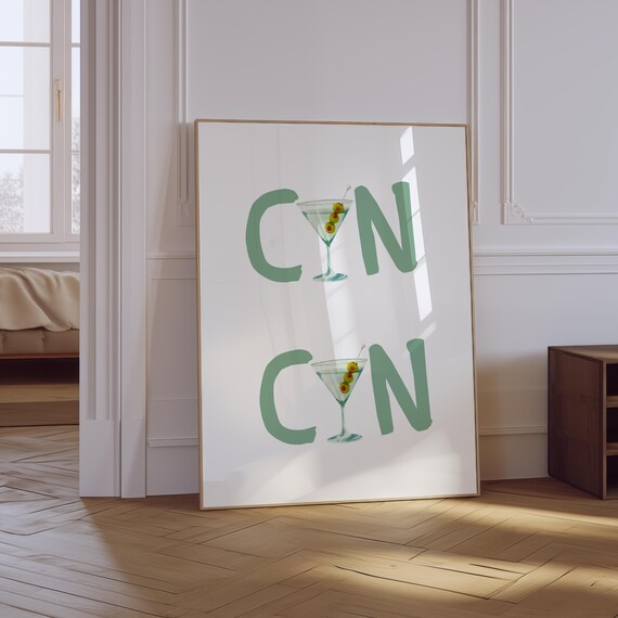 Cin Cin Martini Glass Green Olive Cocktail Bar Cart Artwork Poster