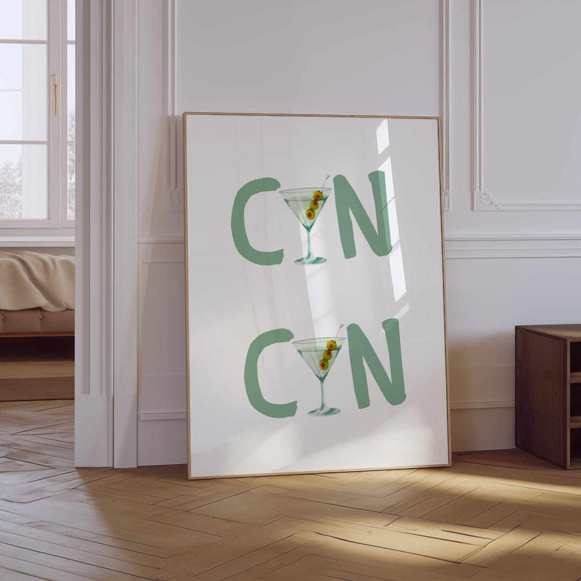 Cin Cin Martini Glass Green Olive Cocktail Bar Cart Artwork Poster