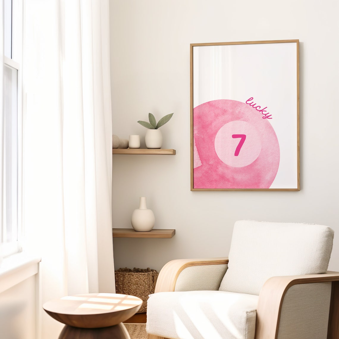 Lucky 7 Pink Watercolor Pool Ball Aesthetic Number Seven Wall Art - Image 2