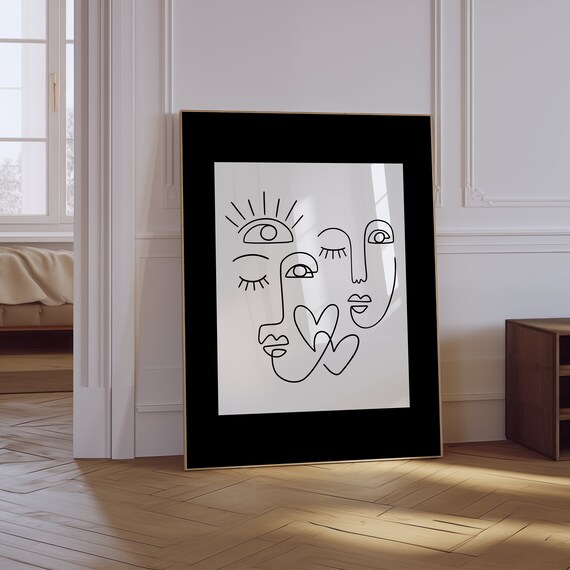 Abstract Faces Continuous Line Art Minimalist Black Wall Art