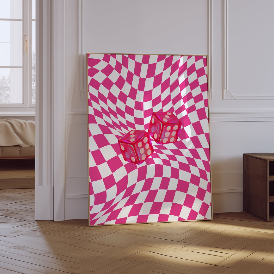 Pink Holographic Dice Maximalist Retro Checkered Dorm Room Wall Art