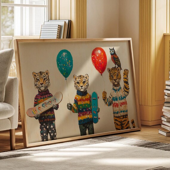 Whimsical Tigers In Sweaters With Balloons And Skateboards Kids Poster