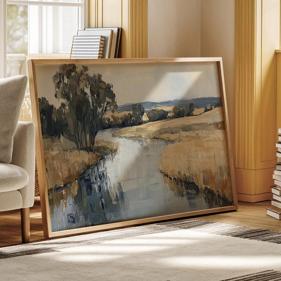 Golden Fields By The River Serene Landscape Oil Painting Of A Quiet Countryside Stream With Soft Blue And Yellow Tones Wall Art Print