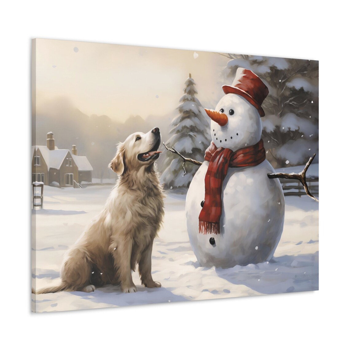 Golden Retriever Dog with Snowman Winter Christmas Scene Poster - Image 2
