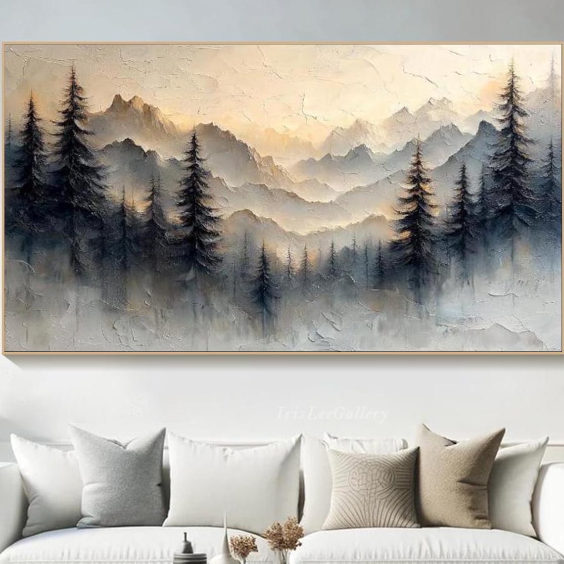 Large Forest And Misty Mountains Textured Landscape Painting Modern Nature Painting Minimalist Wall Art Wabi Sabi Wall Decor Livingroom Art