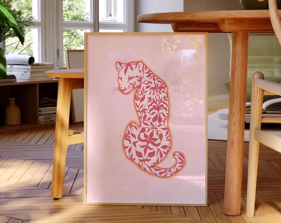Pink Floral Leopard Silhouette Trendy Maximalist Aesthetic Poster - Image 2