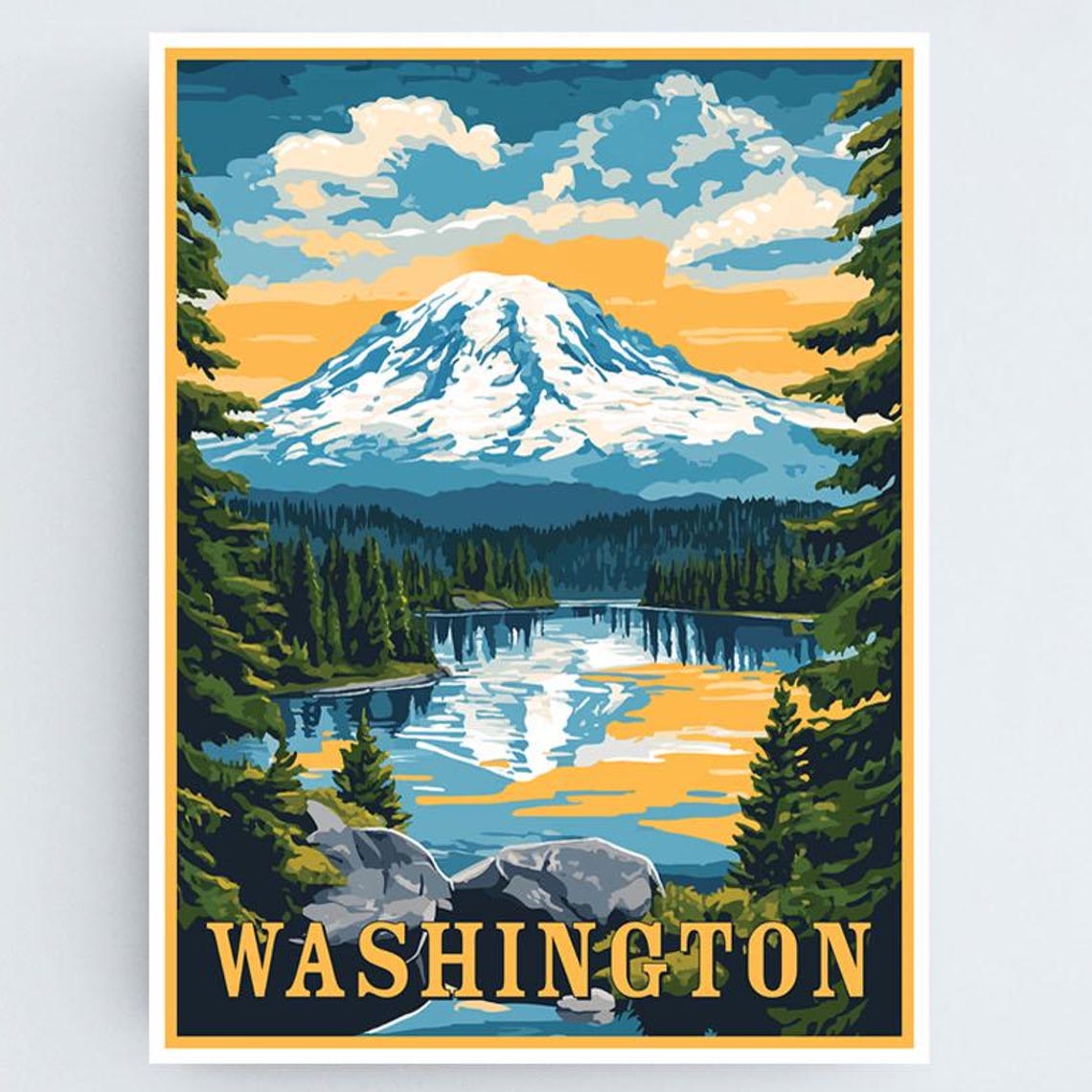 Washington Mount Rainier Lake Reflection Snowcapped Mountain Poster
