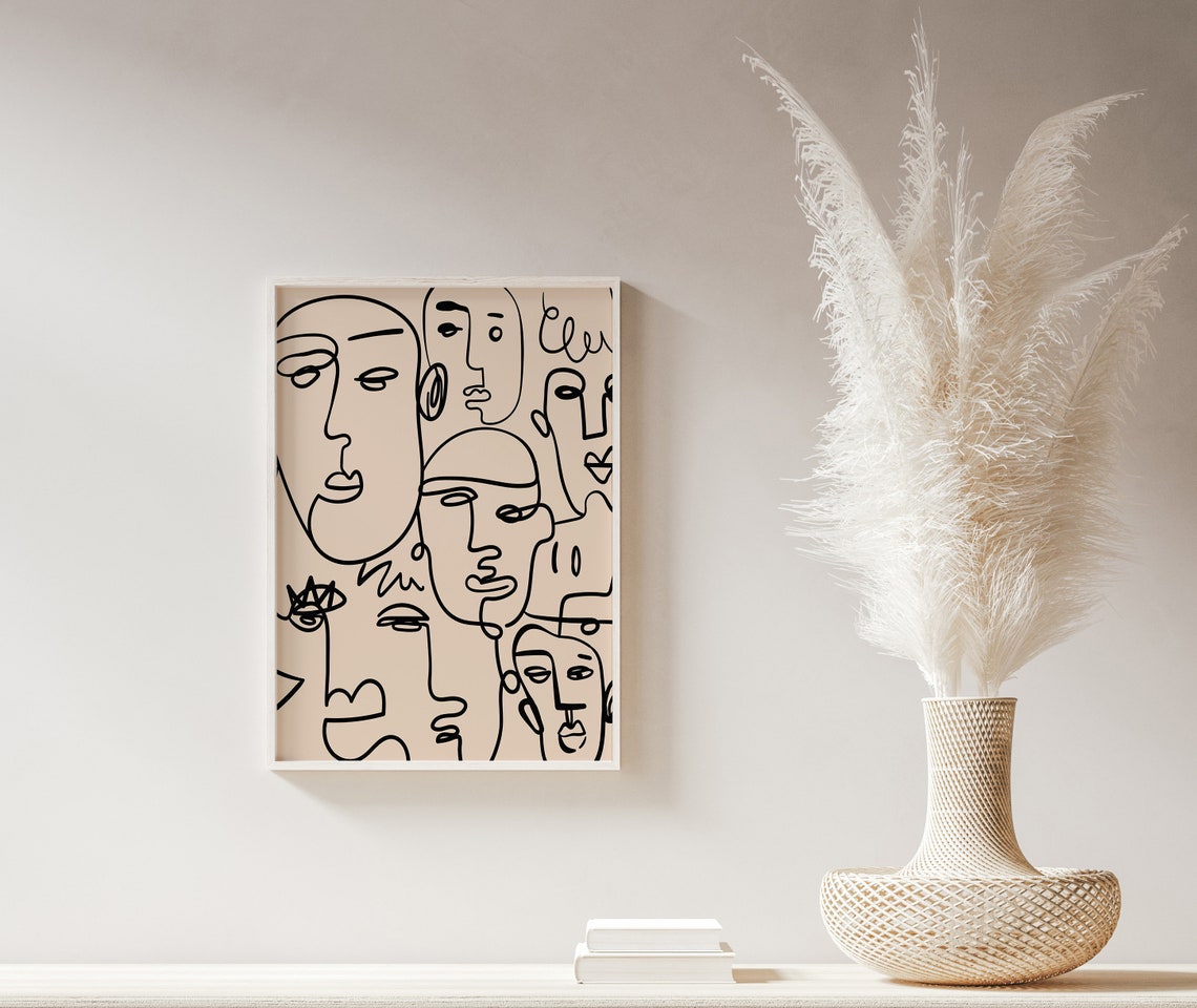 Abstract Overlapping Line Art Faces Warm Beige Minimal Poster - Image 2