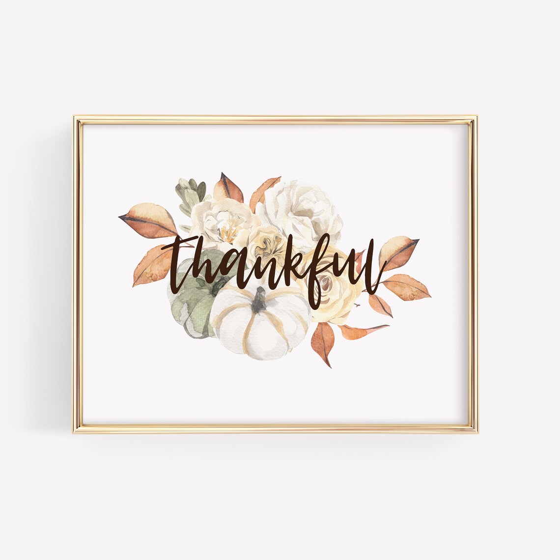 Thankful Watercolor Pumpkin Floral Thanksgiving Seasonal Print
