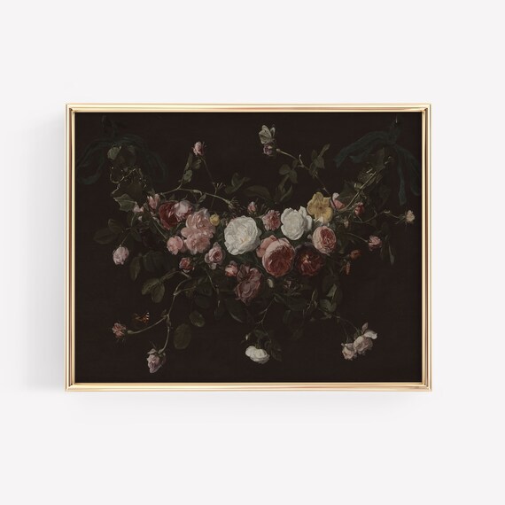 Dark Academia Moody Floral Art Print, Vintage Cottagecore