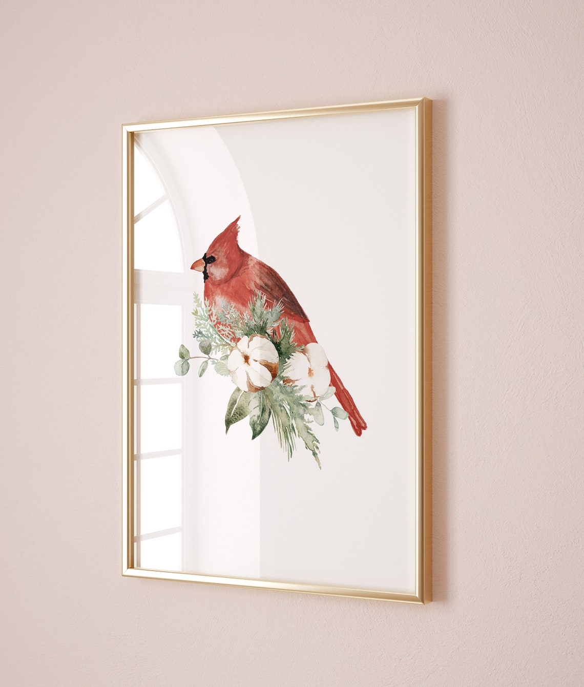 Red Cardinal Perched on Winter Botanicals Christmas Watercolor Poster