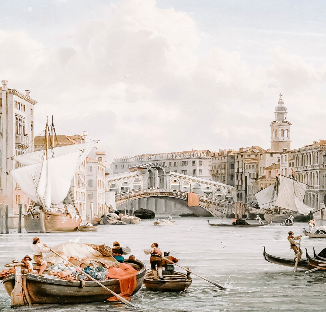 Venice Canal Oil Painting Vintage Rialto Bridge Art - Image 2