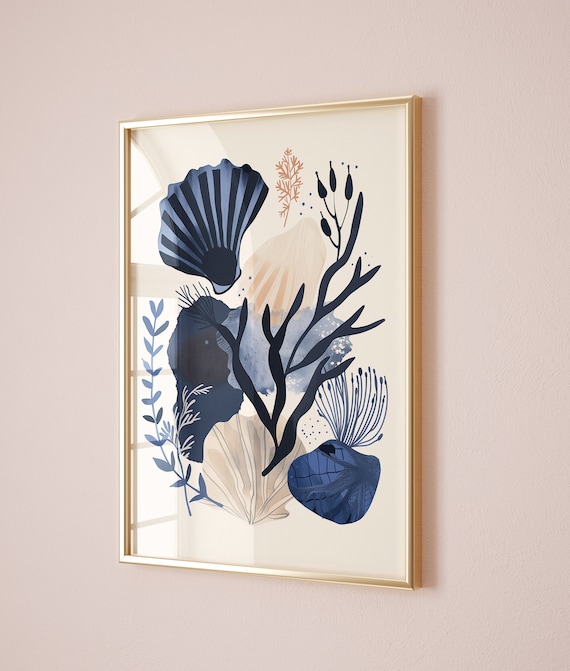Blue Wall Art Prints Navy Watercolor Abstract Coral Seaweed Shells Art Nautical Seascape Poster Modern Coastal Navy Bathroom