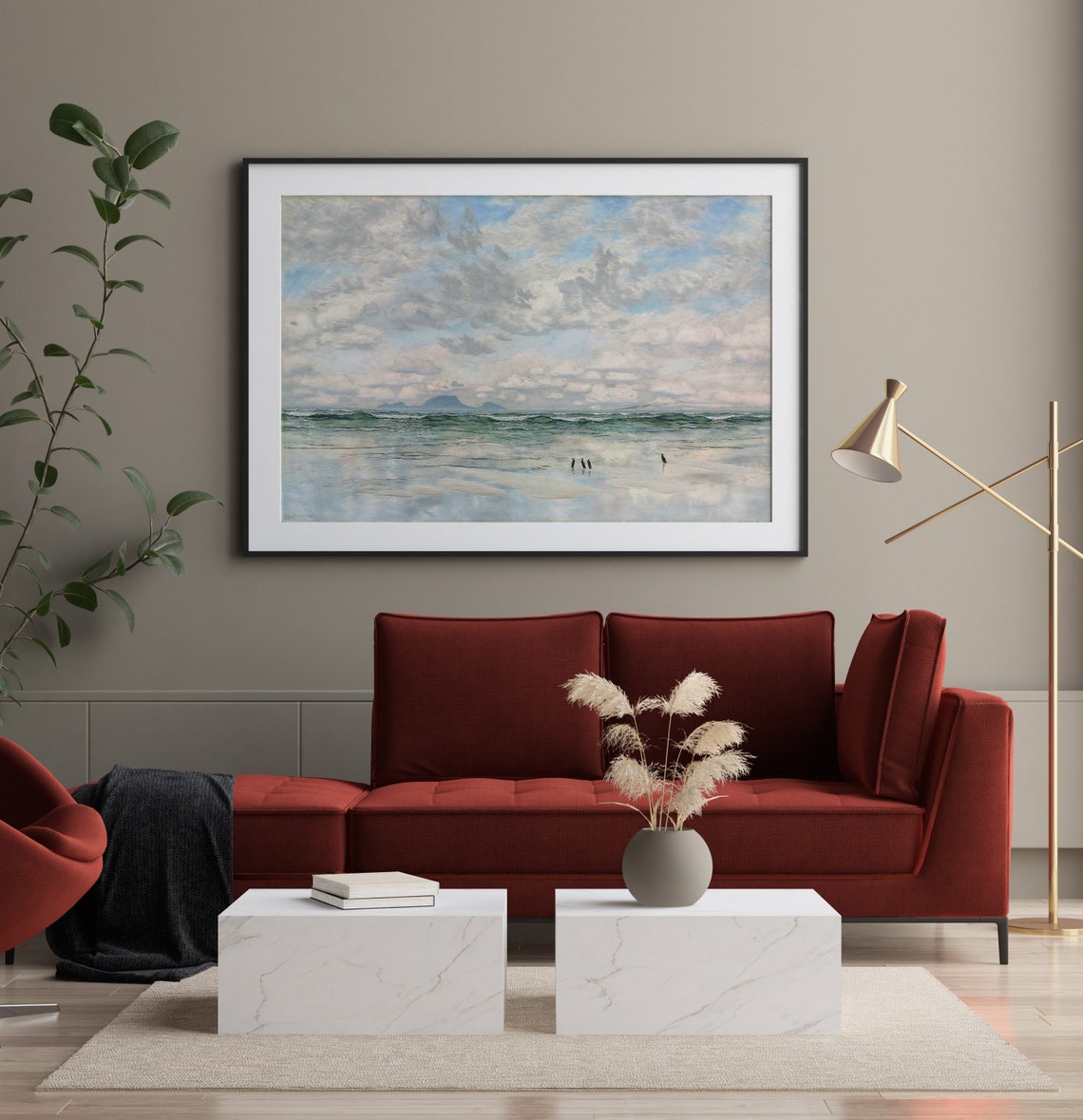 Cloudy Vintage Coastal Seascape with Seabirds Calm Art Poster - Image 2